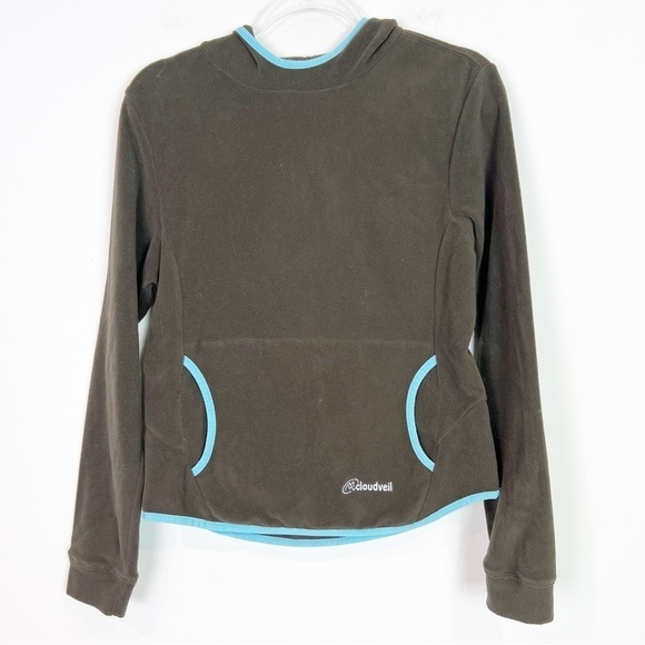 CLOUDVEIL BROWN HOODED FLEECE PULLOVER BLUE TRIM JACKET WOMENS SZ MEDIUM - Picture 1 of 6